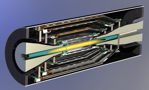3D-Schnittzeichnung des Belle-Silizium-Detektors. Die Origami-Module sind in vier Lagen rund um das zentrale Strahlrohr angeordnet. Der dargestellte Bereich ist etwa 1m lang und hat einen Durchmesser von 30cm.
