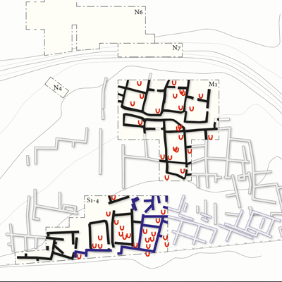 Ausgegrabene frühbronzezeitliche Siedlungsareale mit Kennzeichnung der Öfen in den Werkstattarealen © OREA/ÖAW