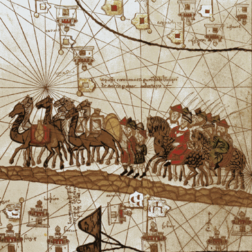 Marco Polos Karawane © Wikimedia/Public Domain/Abraham Cresques, Atlas catalan (Scan aus Coureurs des mers, Poivre d'Arvor)
