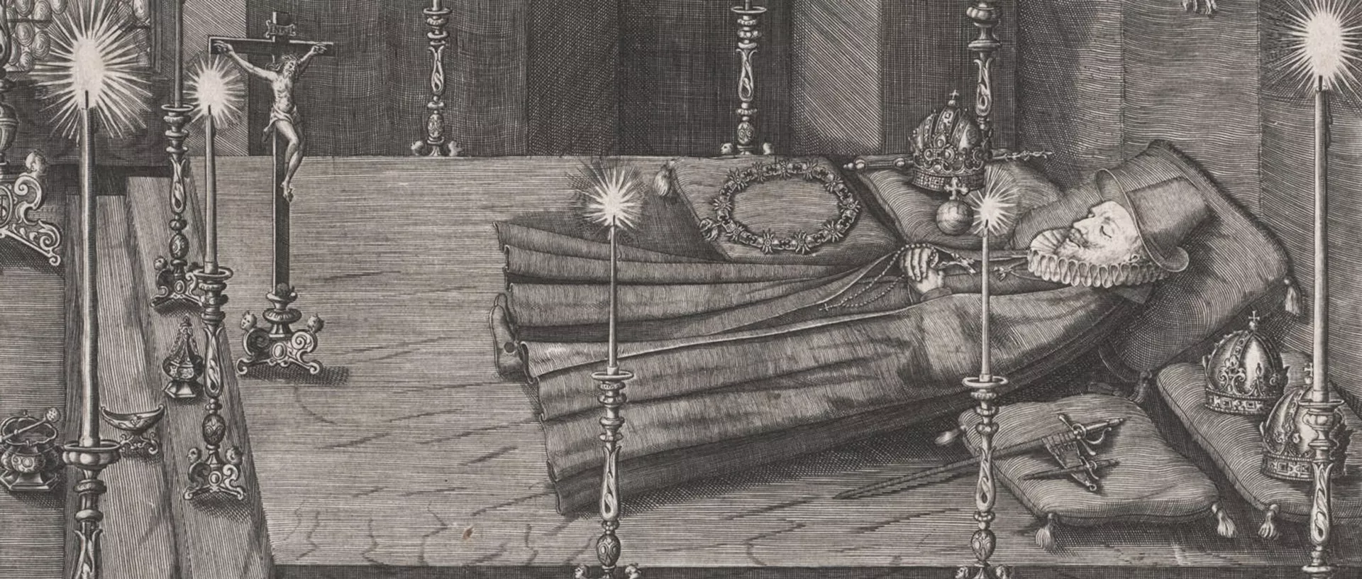 EIne Zeichnung zeigt den verstorbenen und auf einem Bett aufgebahrten Kaiser Ferdinand II.
