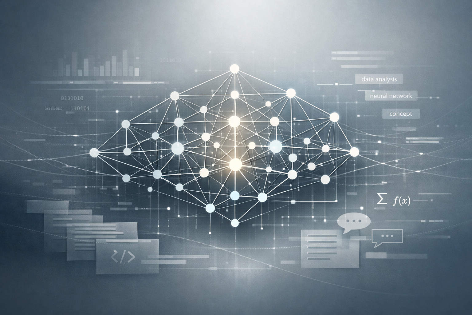 Ein generisches Netzwerkdiagramm. Im Hintergrund sind einige Symbole aus der Statistik und Buzzwords zum Thema KI.