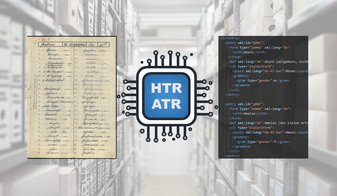 Collage bestehend aus einem Archivregal, einer handgeschriebenen Wortliste und Code