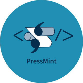 the PressMint logo. It features a printing press abstracted to look like quotation marks, with paper in it. There is a slash after the printing press and angle brackets around both.