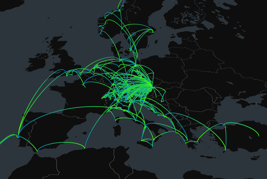 Map of Europe and the north coast of Africa as well as the very west of Asia. Green and blue lines lead to and from certain places, the lines are very dense in Austria.