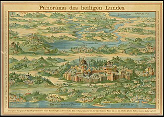 Description on the bottom of the image in German: "Geographical-topographical image of Palestine with exact labelling of places known from history, the Bible ot the Talmud, as well as graves of famous men and all Jewish colonies. Edited according to newest sources." It is a colourful print featuring lakes, mountains and cities with labels in German and Hebrew, Jerusalem is enlarged.