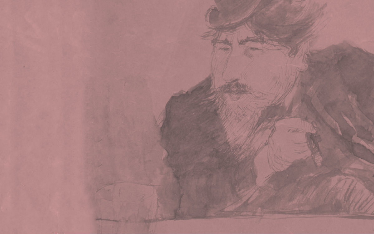 Eine Skizze, die Arthur Schnitzler zeigt, mit Hut und Spitzbart. Er lehnt rauchend an einem Tisch. Die Skizze ist rot hinterlegt.