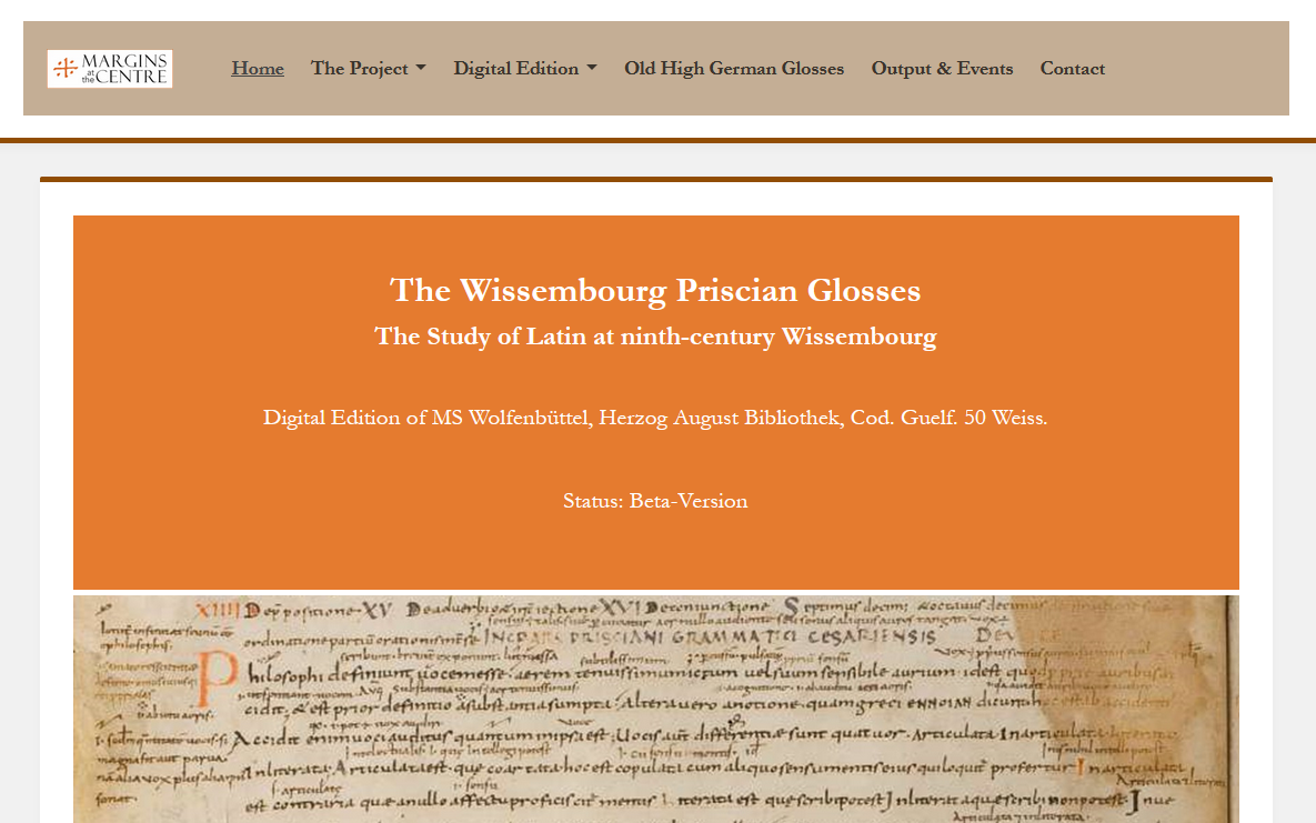 Orange banner with the title and a short description. Underneath there is a digitized page of the glosses.
