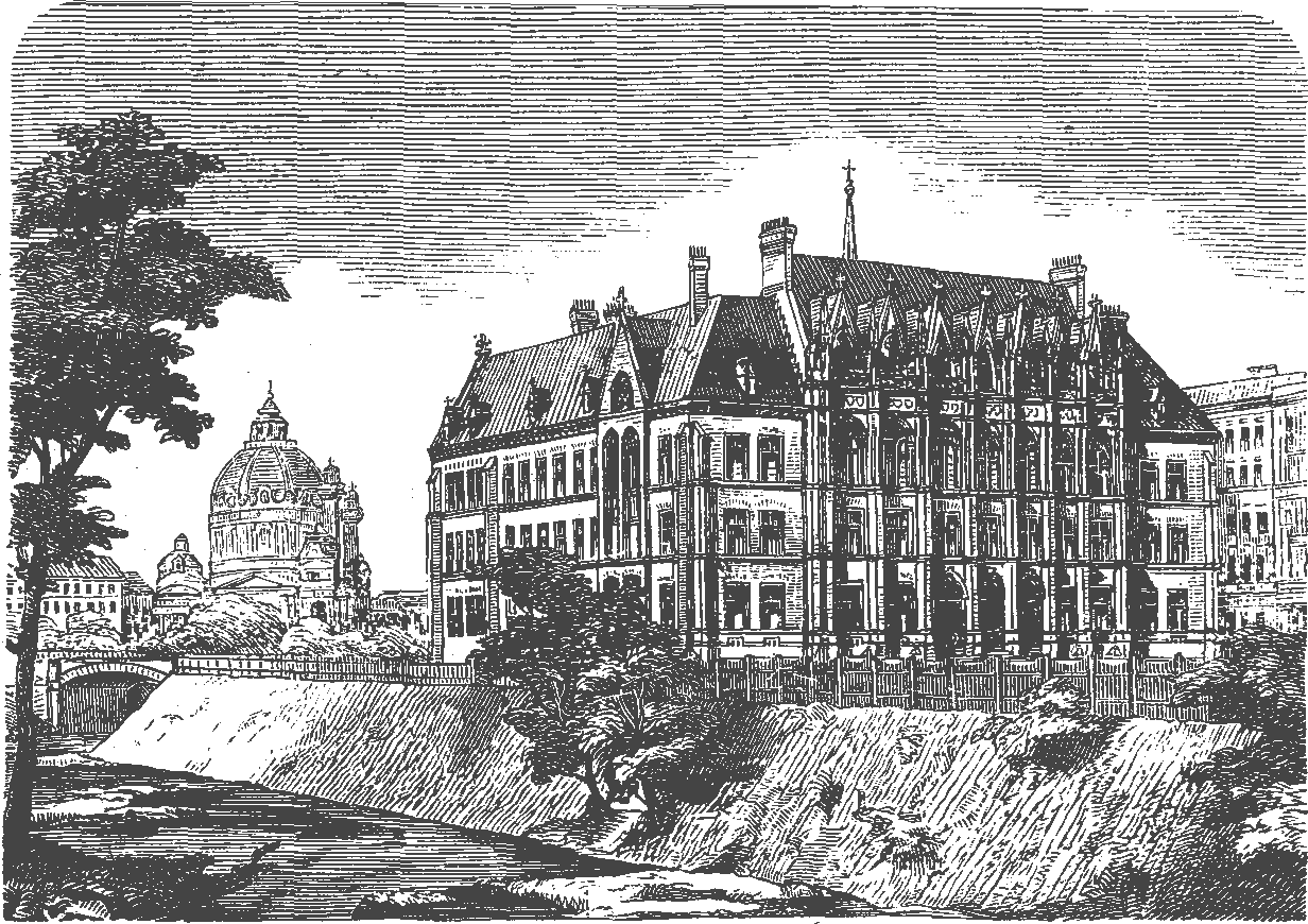 The school building is towering next to a slope leading down to the river.