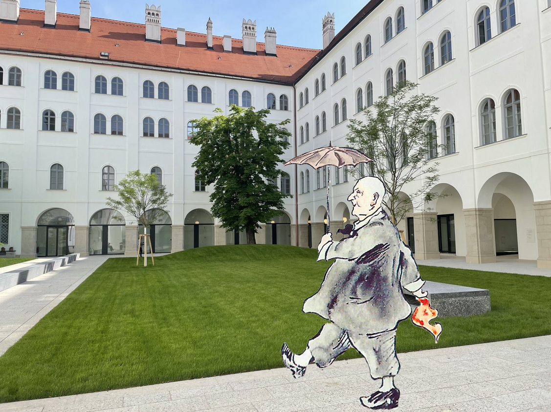 a drawing of Bruckner with a colourful handkerchief is cut out and placed on a photograph of the ACDH's courtyard, so it looks like he is walking there.