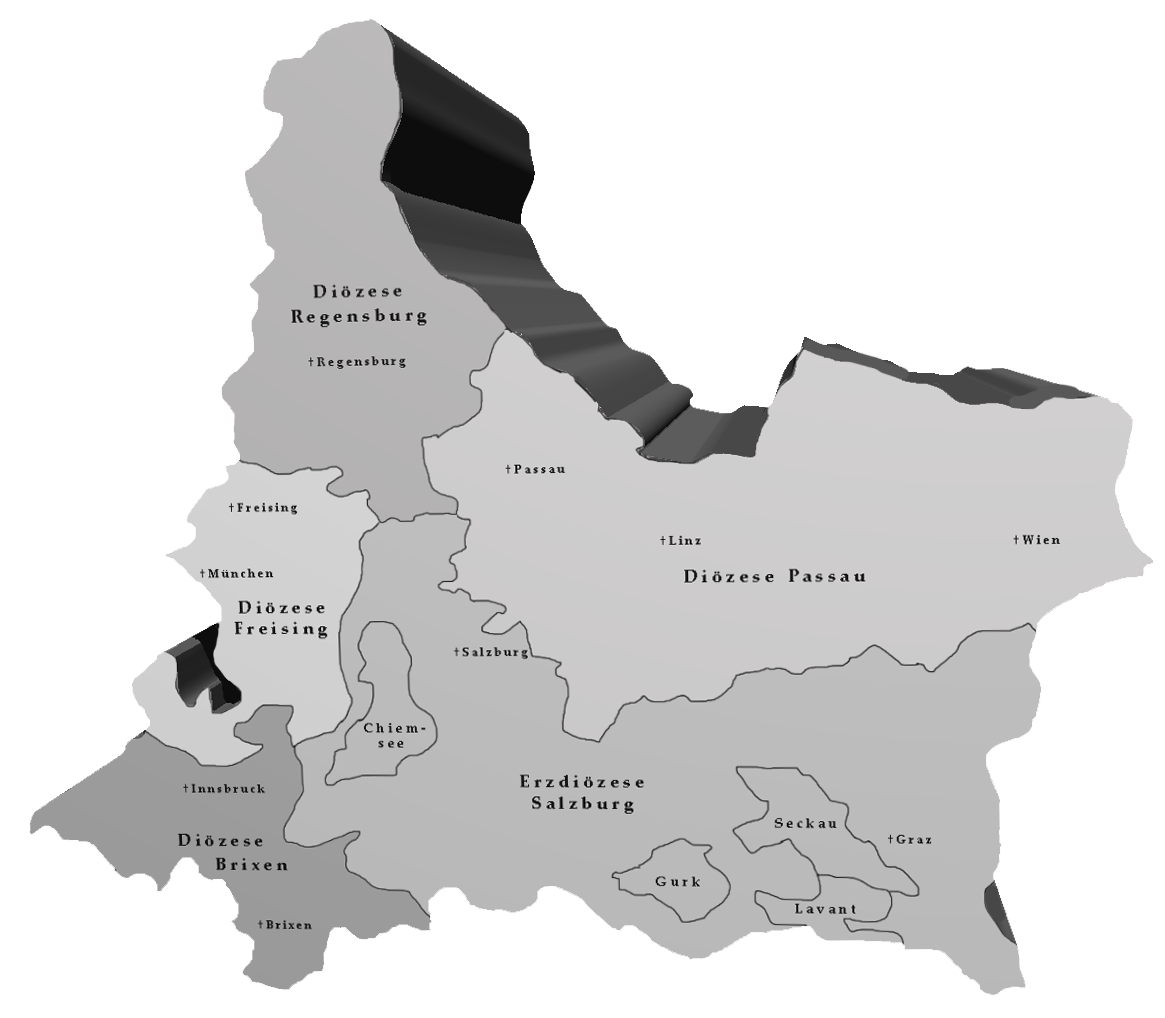 Historical map of the dioceses in southern Germany and Austria with Regensburg, Freising, Salzburg, Passau, Brixen, Gurk, Seckau and Lavant