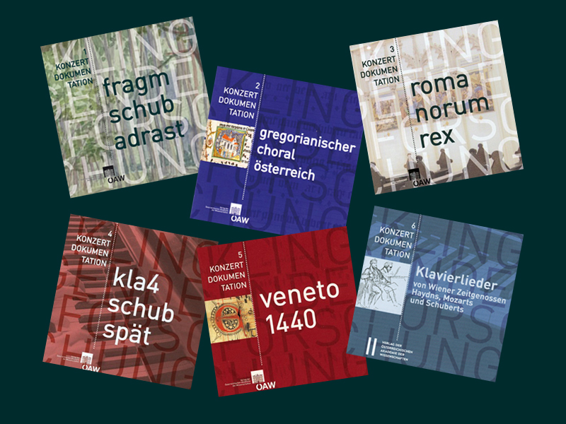the covers of six CDs of the series: fragm schub adrast, gregorianischer choral österreich, noma norum rex, kla4 schub spät, veneto 1440 and Klavierlieder. (piano songs).