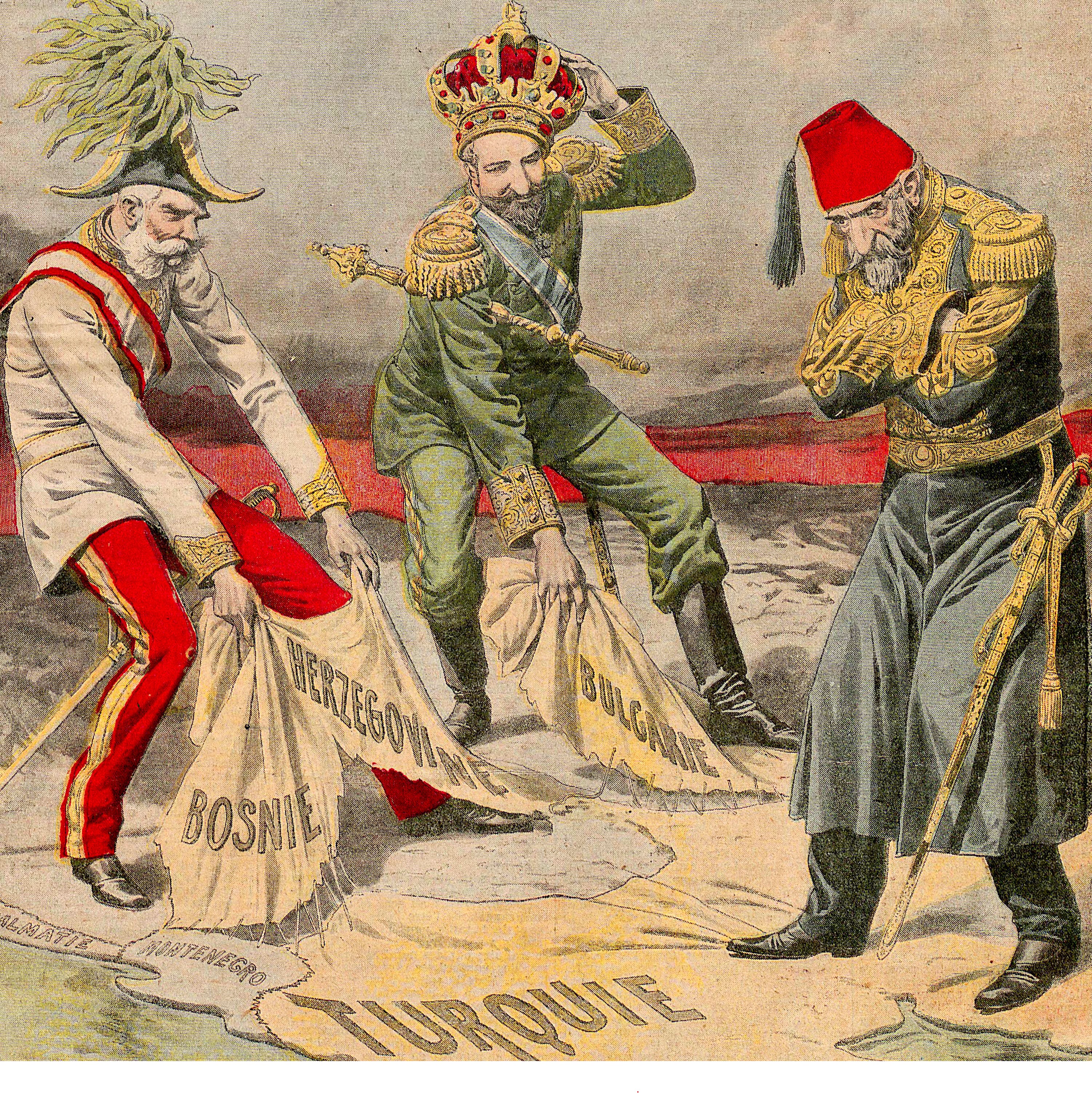  Illustration from the French magazine Le Petit Journal on the Bosnian Crisis: Bulgaria declares its independence and its prince Ferdinand is named Tsar, Austria-Hungary, in the person of Emperor Francis Joseph, annexes Bosnia and Herzegovina, while the Ottoman Sultan Abdul Hamid II looks on helplessly