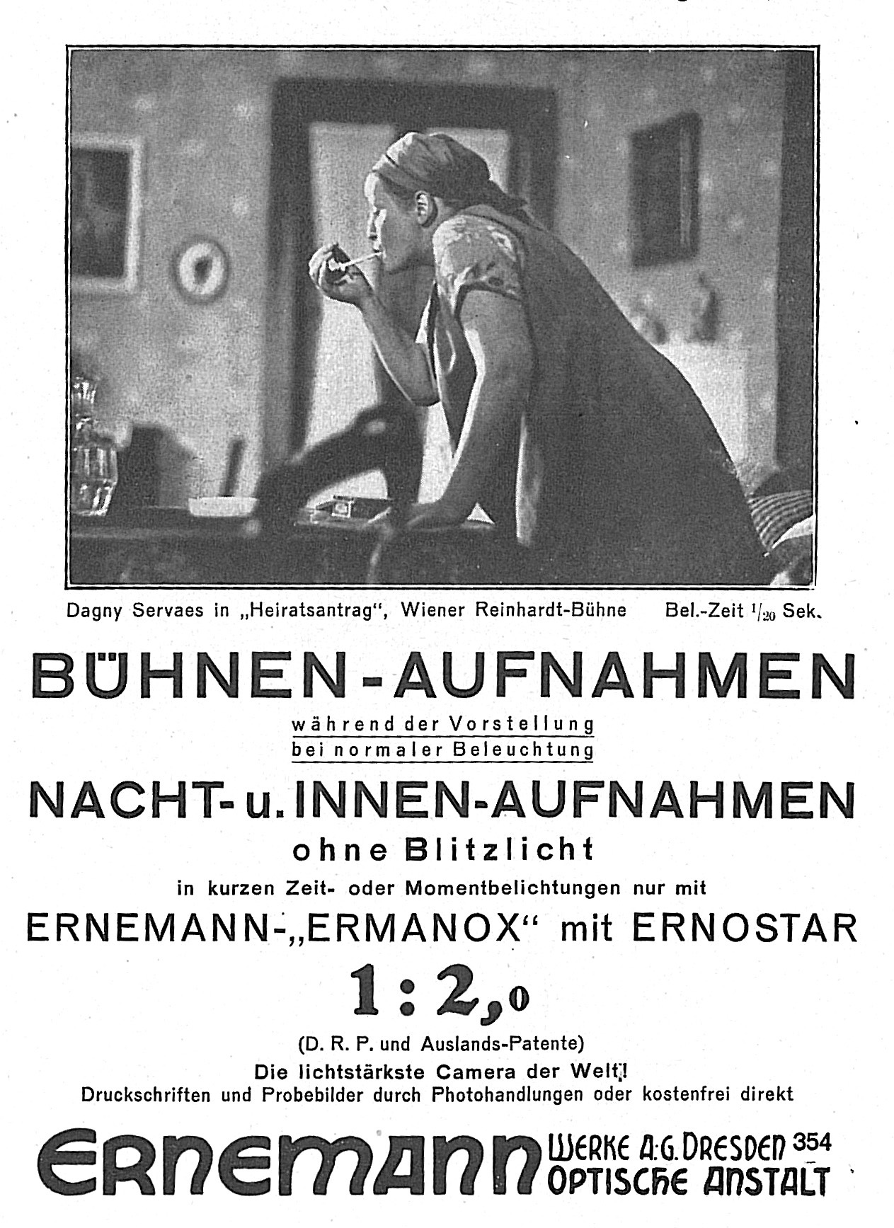 Hans Böhm: Dagny Servaes (Natália Stepánova) in Der Heiratsantrag von Anton Tschechow, Theater in der Josefstadt, Wien, 1924.