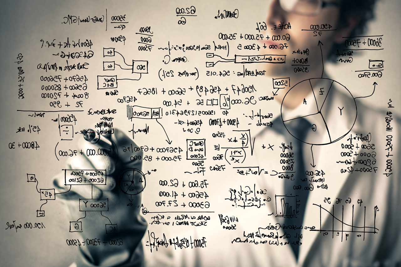 A scientist writes complex mathematical formulas and diagrams on a transparent surface, illustrating abstract problem-solving and analysis.