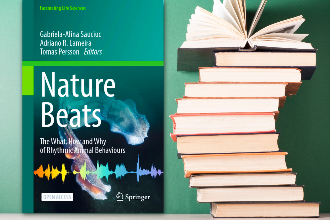 Book cover of Nature Beats: The What, How and Why of Rhythmic Animal Behaviours, displayed against a background of stacked books.