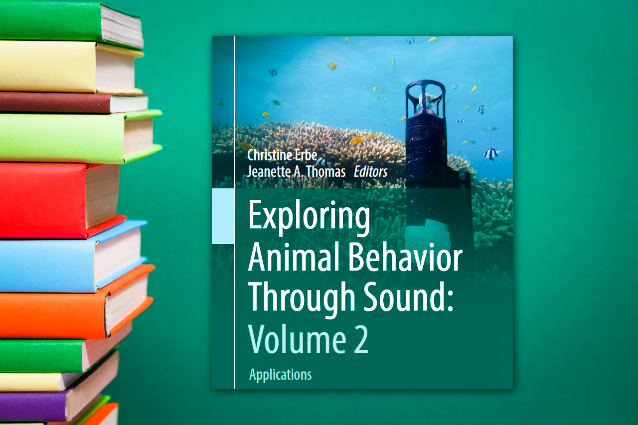 Book cover of Exploring Animal Behavior Through Sound: Volume 2 – Applications, edited by Christine Erbe and Jeanette A. Thomas. The design shows an underwater scene with corals, fish, and a hydrophone, highlighting the focus on acoustic studies in animal behavior.