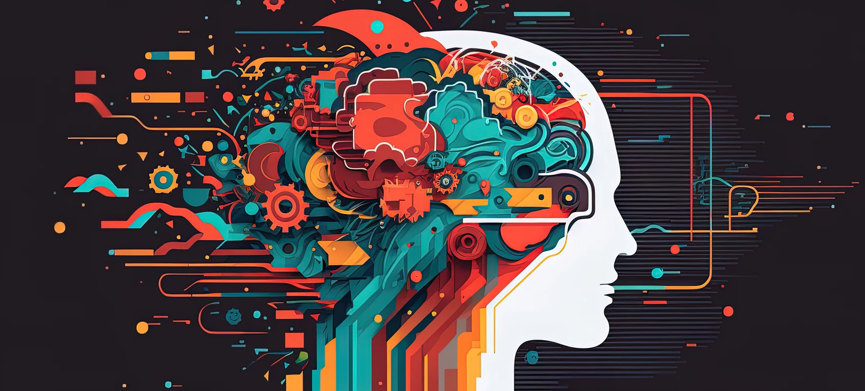 Abstract illustration of a human profile with a stylized brain made of colorful geometric shapes, lines, and symbols representing artificial intelligence, machine learning, and data-driven thinking.