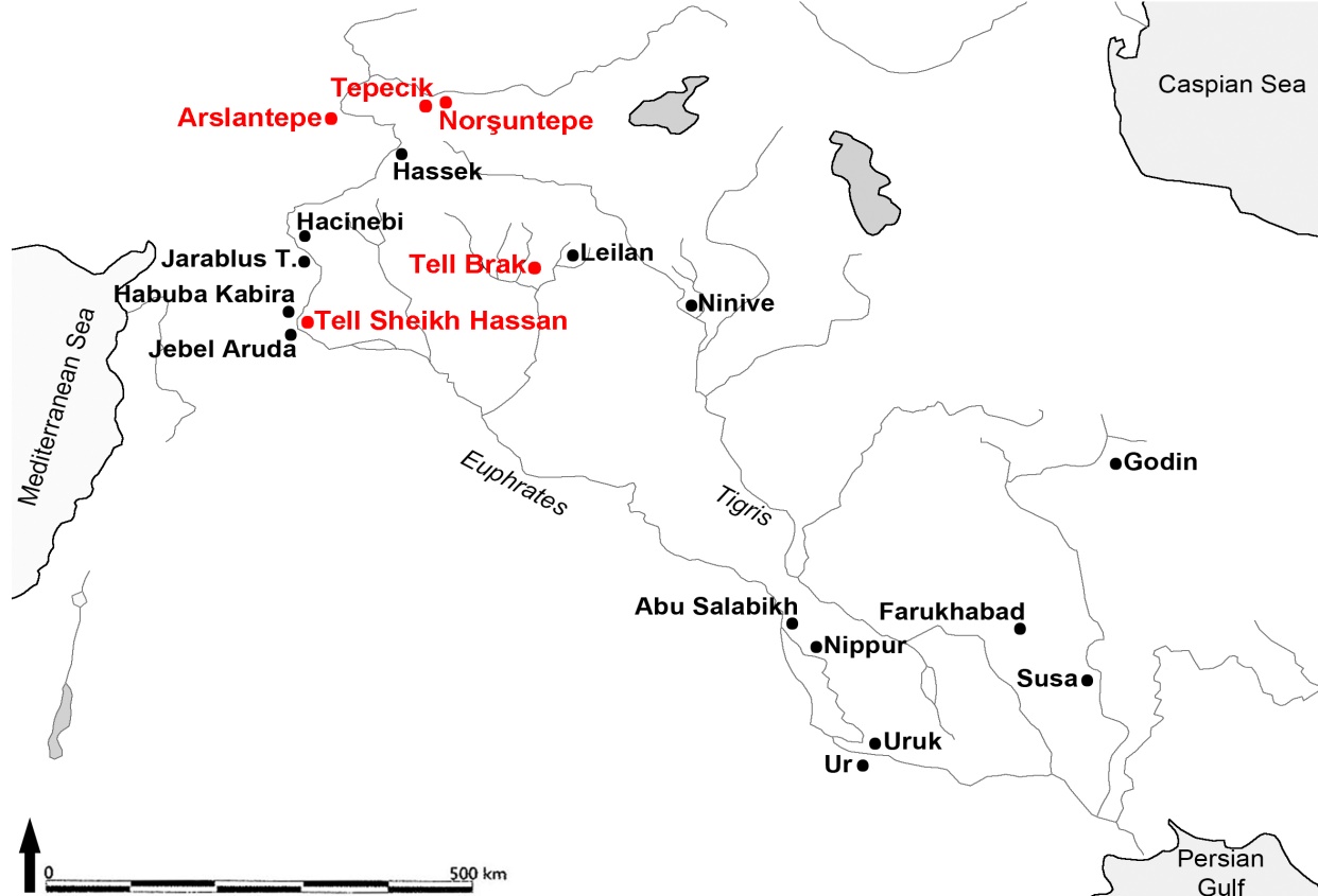 Geografische Lokalisierung der betrachteten nordmesopotamischen Siedlungen (rot) (Grafik: ÖAW-ÖAI/Pamela Fragnoli)