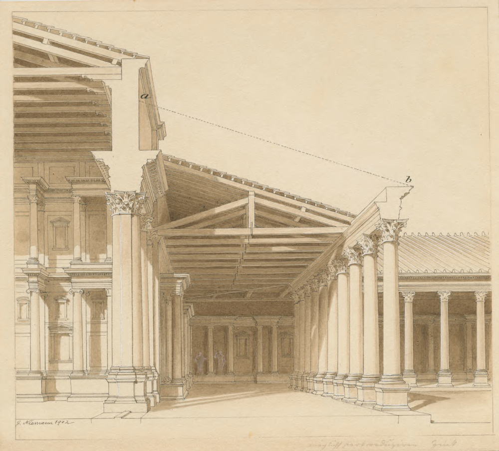 Ephesos, Hafenthermen. Schnitt durch die Wandelhalle (© ÖAW-ÖAI/Rekonstruktion von G. Niemann 1902, Archiv)