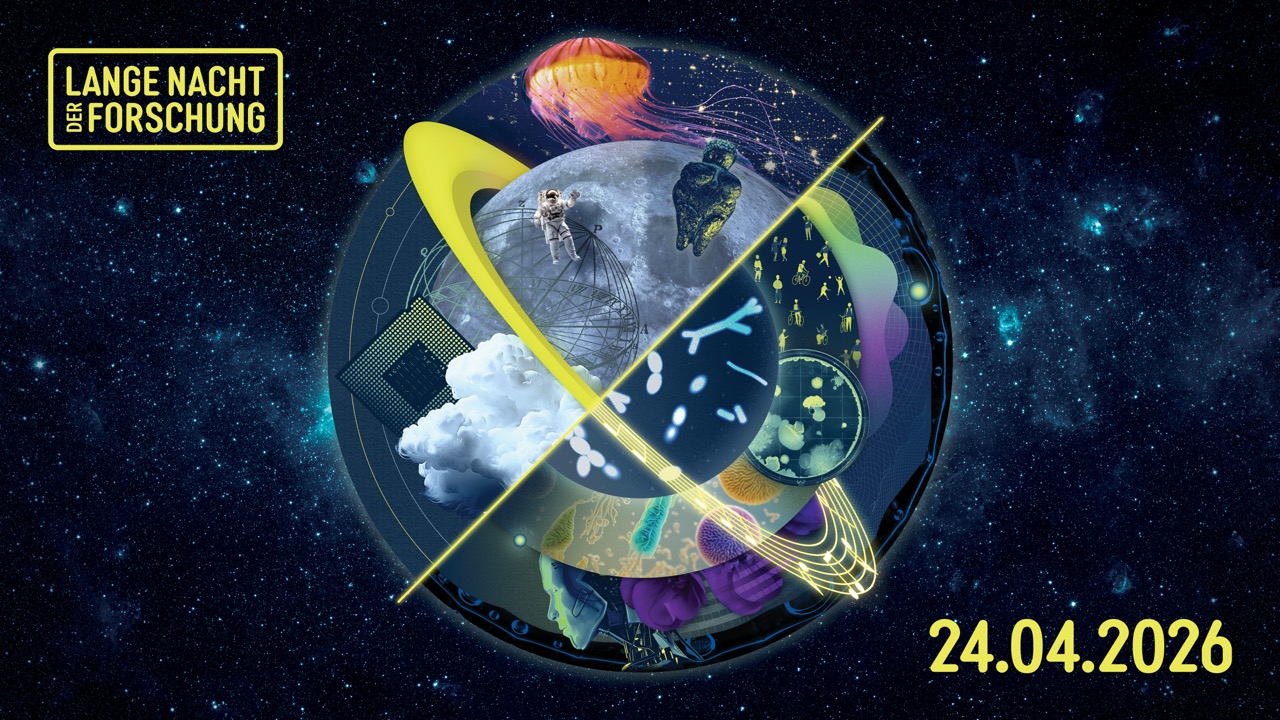 Grafik Weltkugel mit unterschiedlichen Abbildungen aus der Forschung, mit Aufschrift "Lange Nacht der Forschung 24.4.2026"