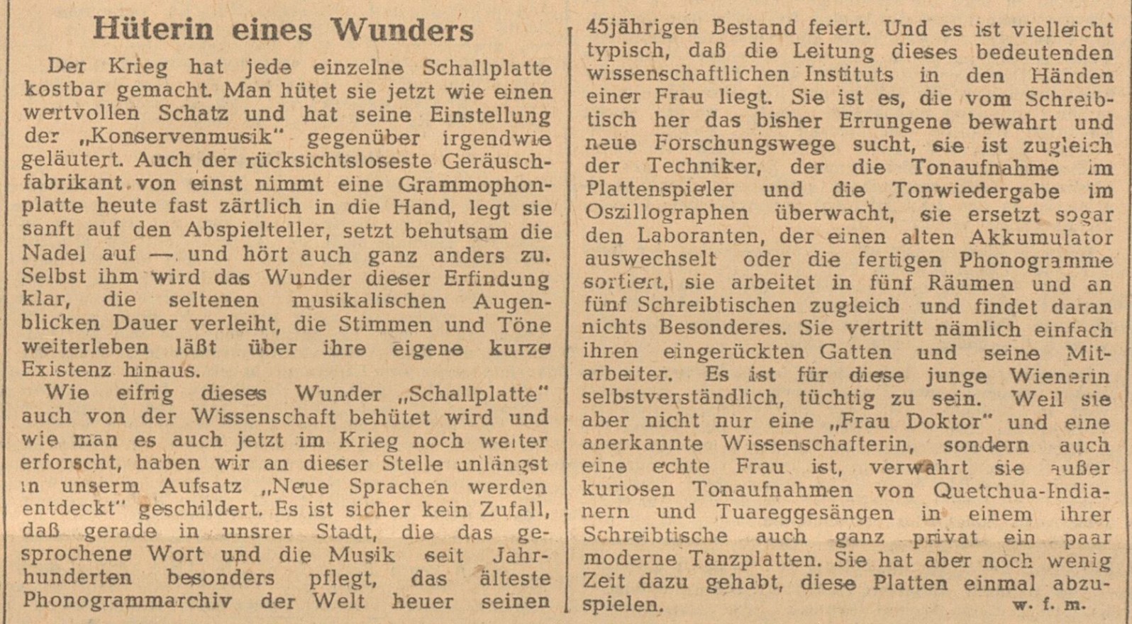 Das Bild zeigt einen Zeitungsartikel, in dem die Arbeit der kommissarischen Leiterin des Phono-grammarchivs beschrieben wird.