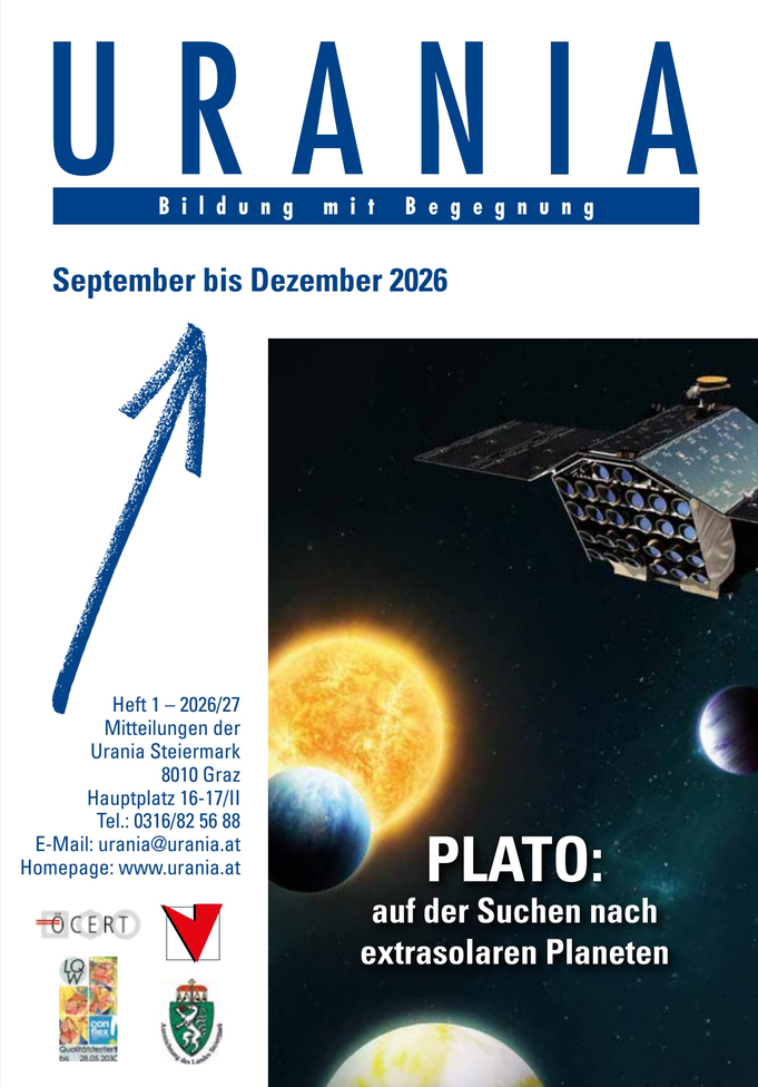 The event poster features the blue “URANIA” logo at the top, along with the dates “September through December 2026” and an arrow pointing up and to the right. The right half of the poster shows a space illustration featuring a satellite, stars, and planets, as well as the title “PLATO: In Search of Exoplanets.”