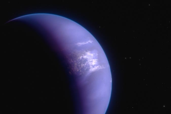 Illustration, die einen nebelverhüllten blauen Planeten vor dem schwarzen Hintergrund des Weltraums zeigt.