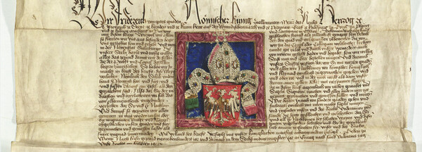 [Translate to English:] Wappenbrief König Friedrichs III. für das Kollegiatstift zu Wiener Neustadt, HHStA Wien (Sign. AUR 1446 II 15) © monasterium.net