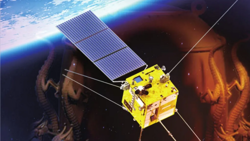 Artist's impression of the CSES-1. In the background, are the faint bodies of four dragons and the sky.