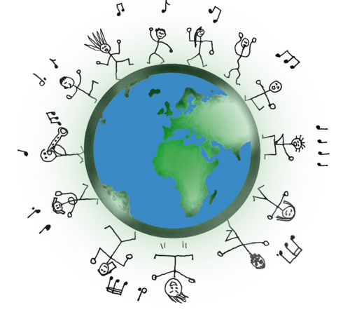 A group of playful stick figures surrounds a green–blue globe, each making music or dancing to floating musical notes.
