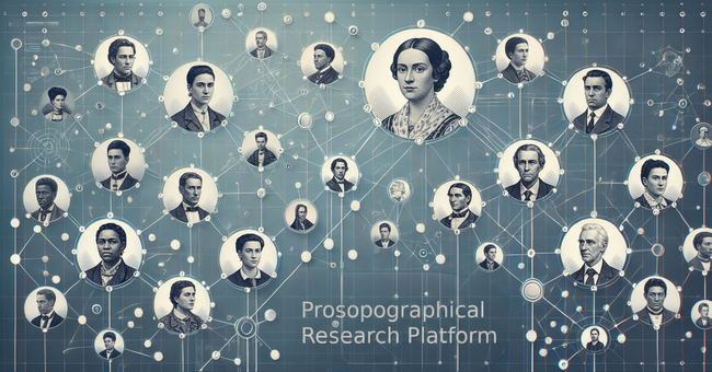 Ein Netzwerkdiagramm, das Verbindungen zwischen Kreisen mit jeweils einem Personenportrait darin zeigt. Unten steht "Prosopographical Research Platform".