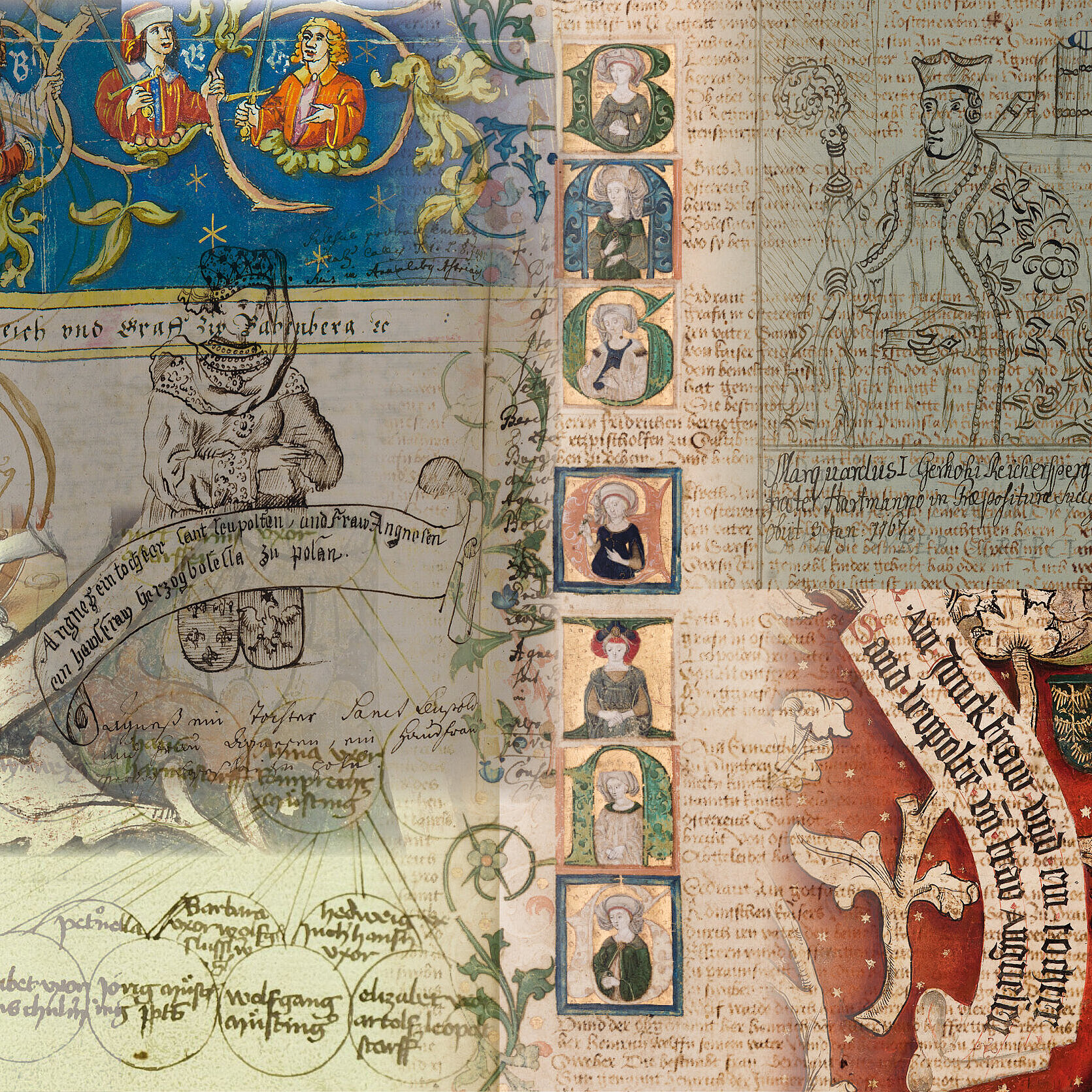 Collage; Abbildungen: Babenbergerstammbaum, Stift Klosterneuburg, Museum, GM 86, Mittelteil und rechter Seitenteil (Peter Böttcher – IMAREAL – Universität Salzburg); Sunthaym-Tafeln, Stift Klosterneuburg, Bibliothek, CCl 130, Tafel 7 (Peter Böttcher – IMAREAL – Universität Salzburg); Stift Klosterneuburg, Archiv, Hs 145, fol. 5v; Kart 1164, Fasz. II, fol. 12av; Fasz. III, pag. 44 und 77; Fasz. VI, Nr. 4 (Stift Klosterneuburg)