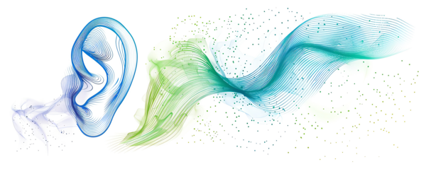 An abstract illustration shows an ear and dynamic sound waves represented by colorful flowing lines. The image conveys the idea of hearing and the movement of sound through space.