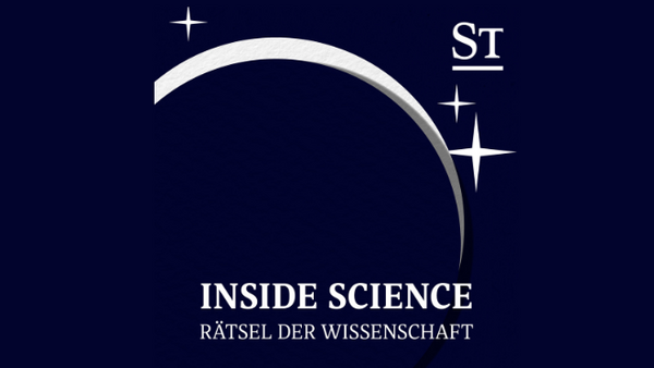 blau-weißes Logo des STANDARD-Podcasts Inside Sience mit einem angedeuteten Sternensystem