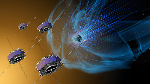Artist concept of mission spacecraft flying through magnetic fields around earth.