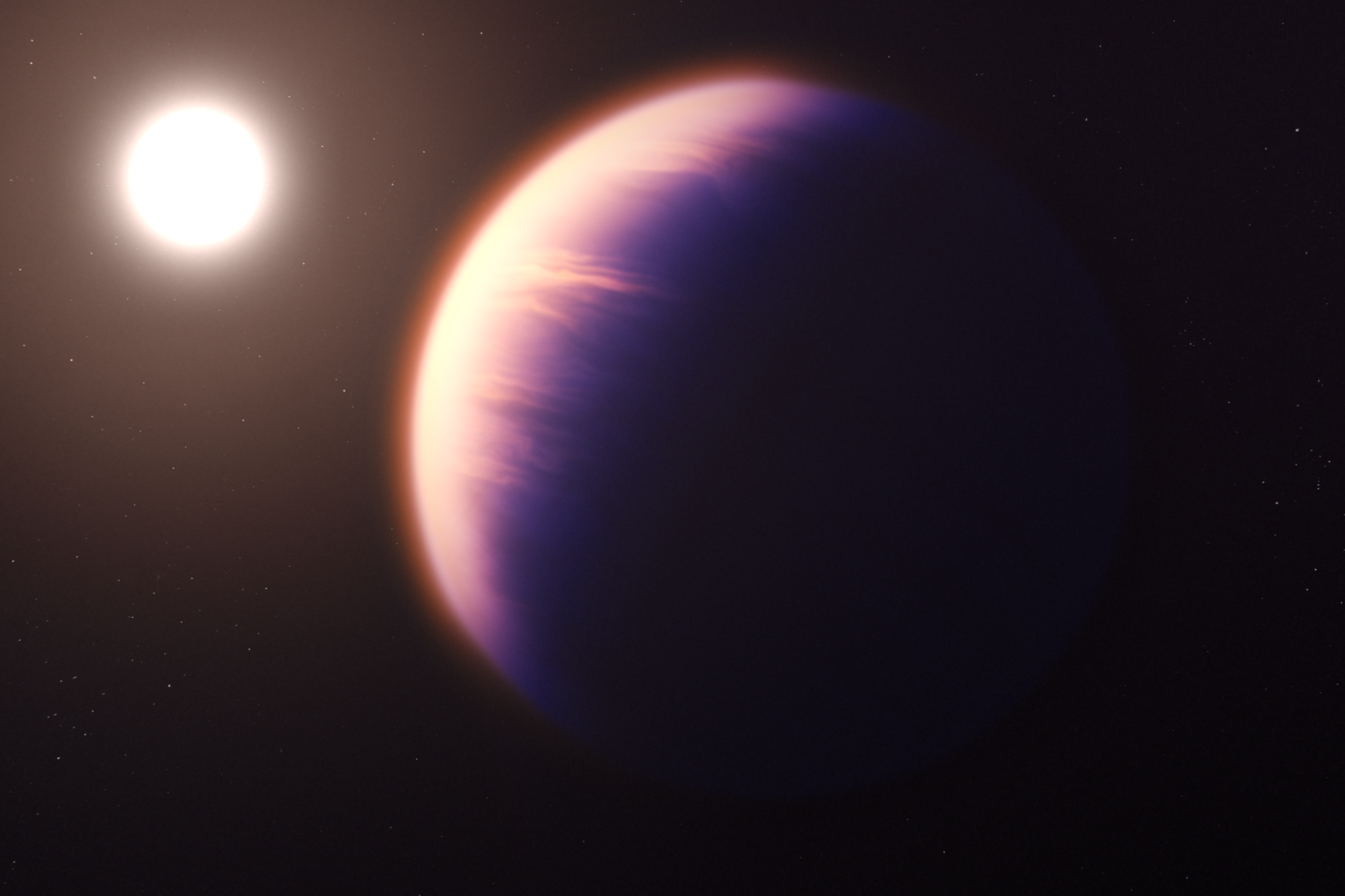 Darstellung des Exoplaneten, wo die Hälfte des Planeten im Schatten steht und die andere Hälfte von seinem Stern beleuchtet wird.