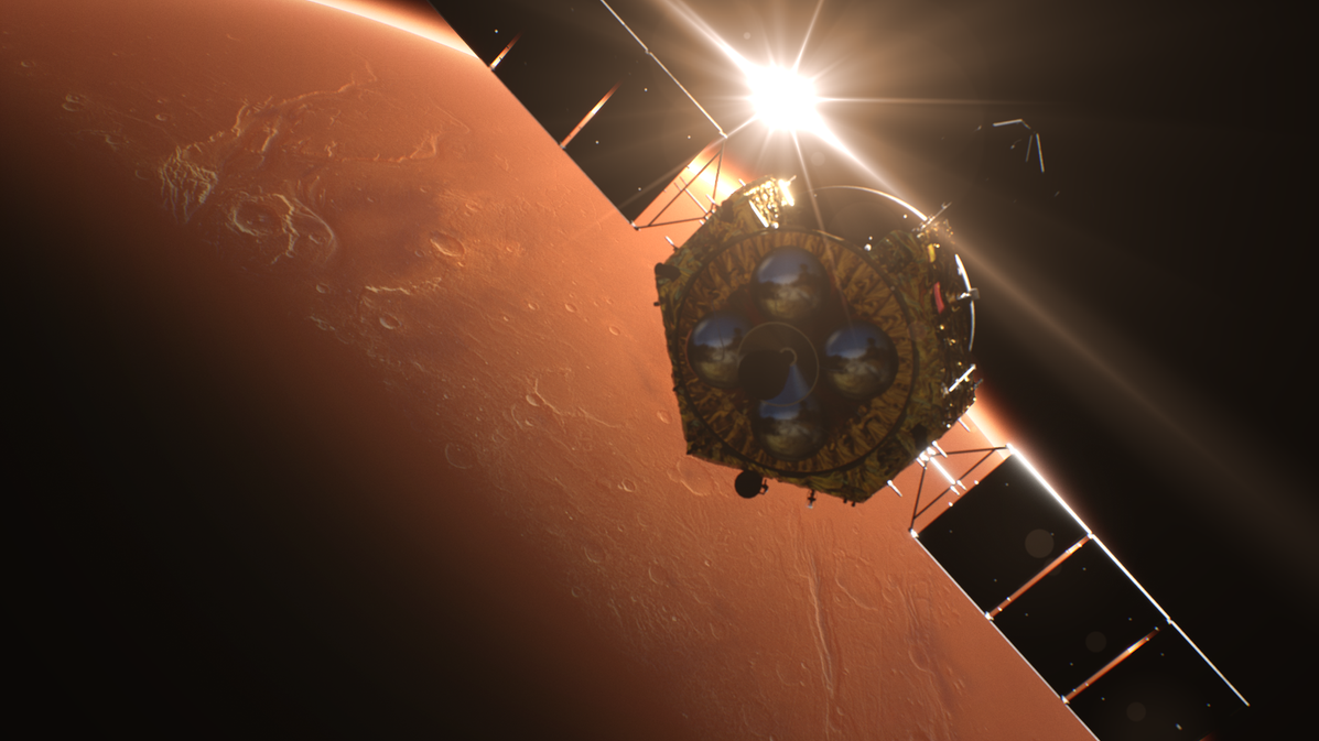 This Illustration shows the Orbiter of the Tianwen-1 mission. In the background you can see mars and the setting sun.