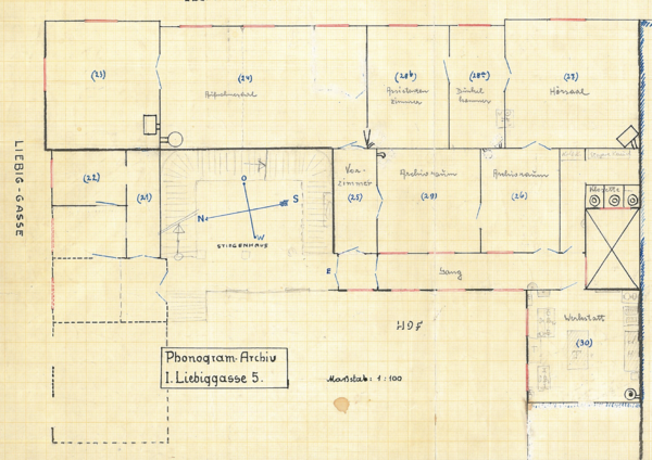 Bild eines händisch gezeichneten Raumplans des Phonogrammarchivs in der Liebiggasse 5 um 1930