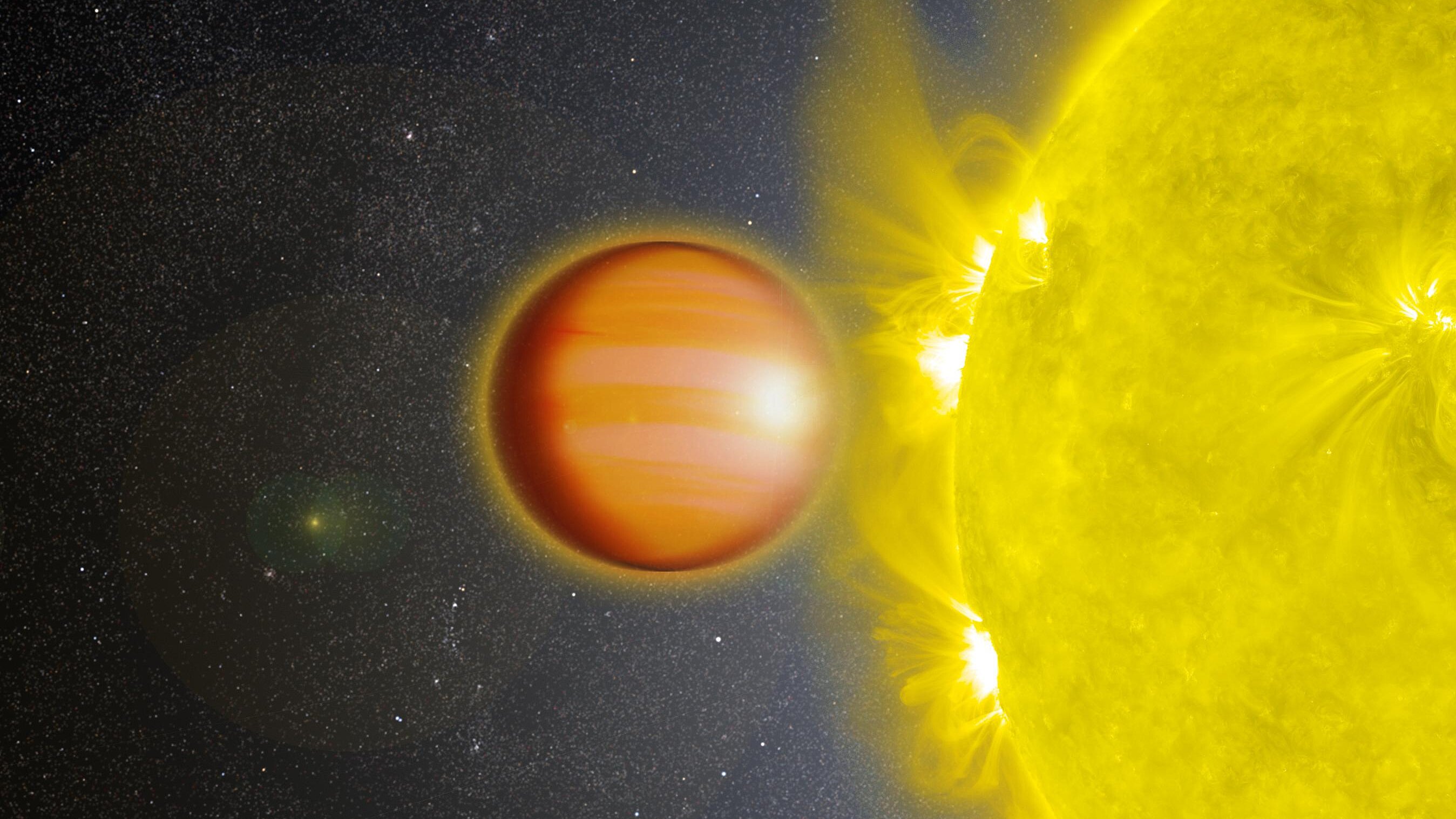 Auf dem Bild ist der Exoplanet WASP-18 b, als orangefarbene Kugel dargestellt. Rechts von dem Exoplaneten befindet sich seine Sonne.