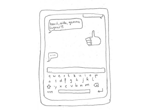 Rudimentäre Bleistiftzeichnung eines Smartphones mit einem offenen Chat. Eine eben hereingekommene Nachricht lautet "heast, oida, gemma Lugner!?", die Reaktion ein Daumen hoch.