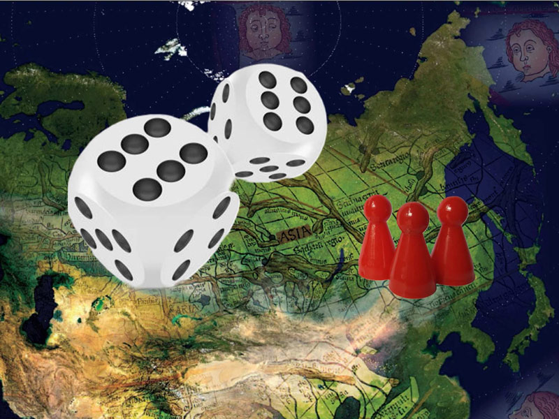 Collage Satellitenkarte, Spielwürfel, Spielfiguren