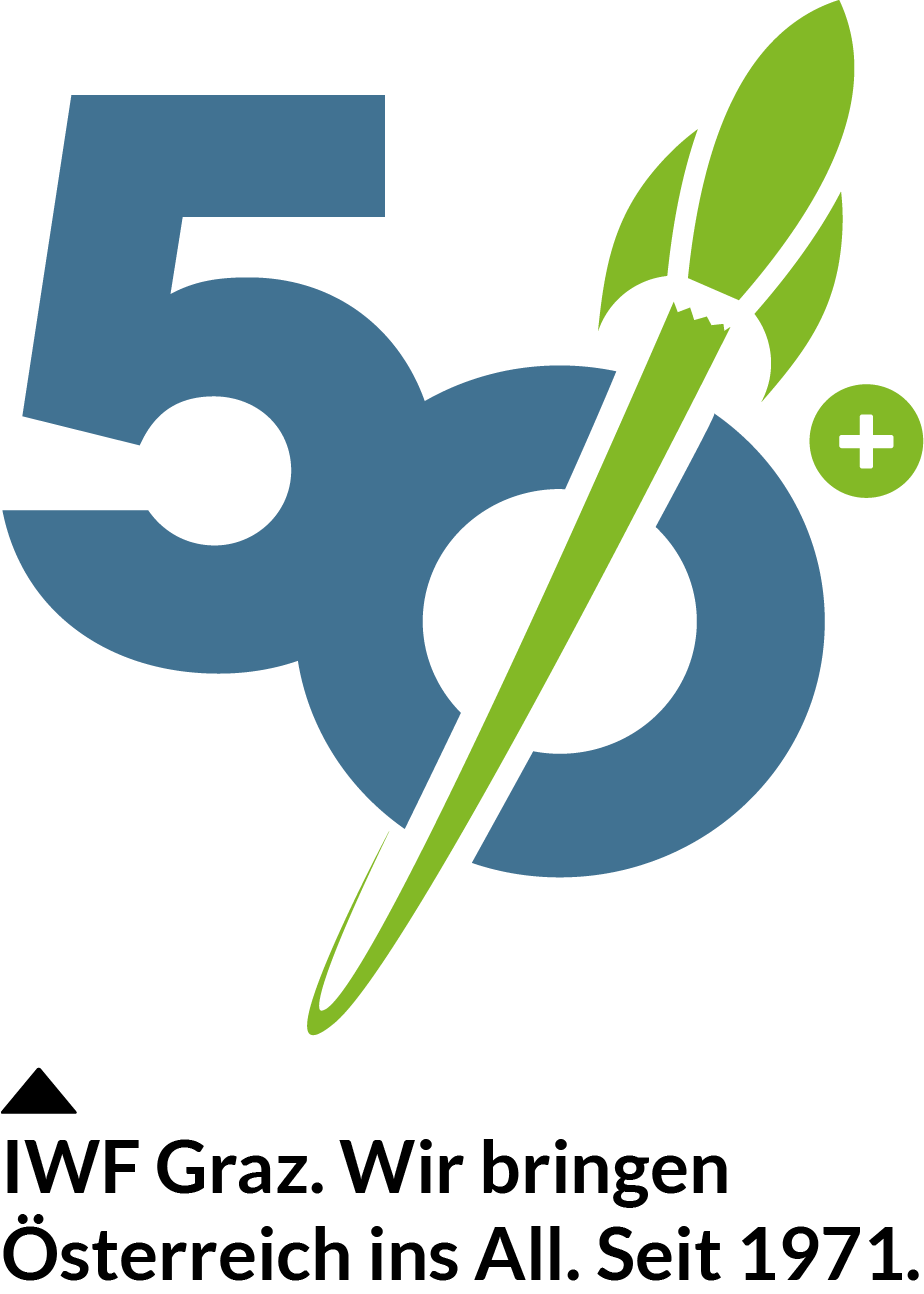 A large blue number 50 with a green rocket blasting off and a plus sign on a light-colored background. Below it is the text: “IMF Graz. We’re taking Austria into space. Since 1971.”