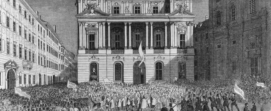 Der Universitätsplatz (heute: Dr. Ignaz Seipel-Platz) in der Nacht vom 13. zum 14. März 1848 © Archiv der Universität Wien, Bildarchiv, Urheberin: R. Swoboda (Xylographie)