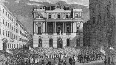Der Universitätsplatz (heute: Dr. Ignaz Seipel-Platz) in der Nacht vom 13. zum 14. März 1848 © Archiv der Universität Wien, Bildarchiv, Urheberin: R. Swoboda (Xylographie)