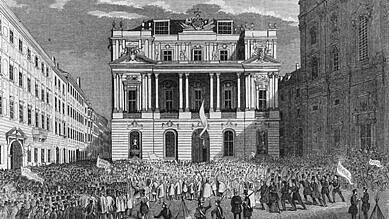 Der Universitätsplatz (heute: Dr. Ignaz Seipel-Platz) in der Nacht vom 13. zum 14. März 1848 © Archiv der Universität Wien, Bildarchiv, Urheberin: R. Swoboda (Xylographie) Der Universitätsplatz (heute: Dr. Ignaz Seipel-Platz) in der Nacht vom 13. zum 14. März 1848 © Archiv der Universität Wien, Bildarchiv, Urheberin: R. Swoboda (Xylographie)