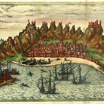 Eine portugiesische Flotte vor Aden (Braun & Hogenberg 1590). Bild: Wikimedia / Public Domain