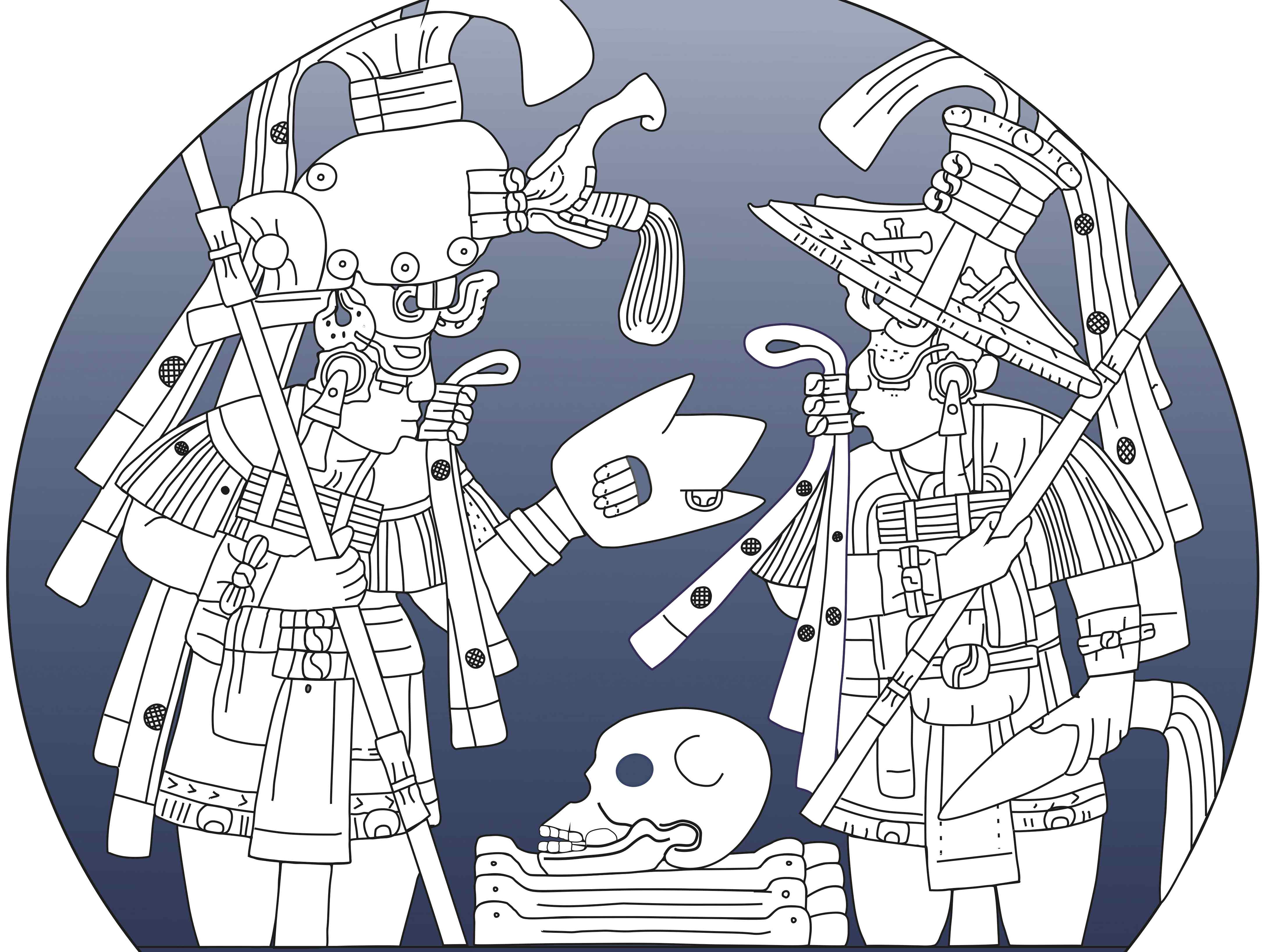 Altar 5, Tikal, Guatemala (Nachzeichnung, Ausschnitt). Zwei Maya-Könige exhumieren eine adelige Frau im Jahr 711 n. Chr. © Nachzeichnung und grafische Gestaltung: Estella Weiss-Krejci Altar 5, Tikal, Guatemala (Nachzeichnung, Ausschnitt). Zwei Maya-Könige exhumieren eine adelige Frau im Jahr 711 n. Chr. © Nachzeichnung und grafische Gestaltung: Estella Weiss-Krejci