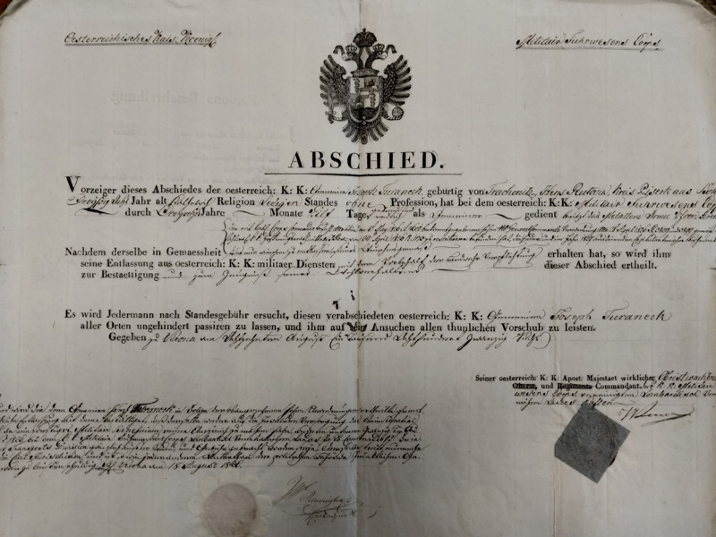 Entlassungsbrief eines Veteranen der Napoleonischen Kriege © State regional archives in Třeboň