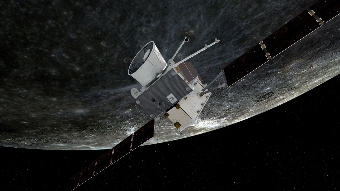 Illustration der Raumsonde BepiColombo vor dem Hintergrund des Merkur