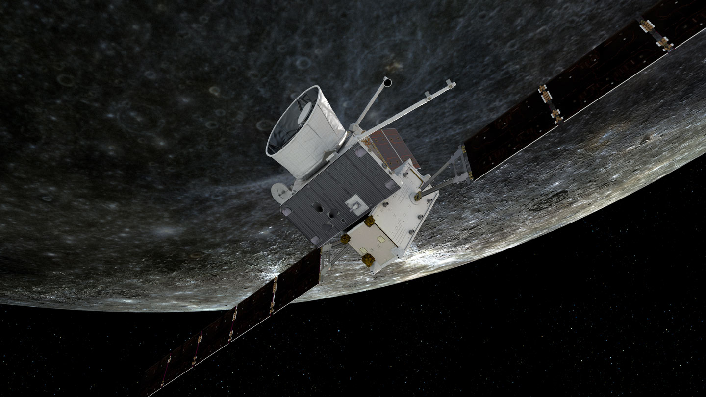 BepiColombo Illustration der Raumsonde BepiColombo vor dem Hintergrund des Merkur